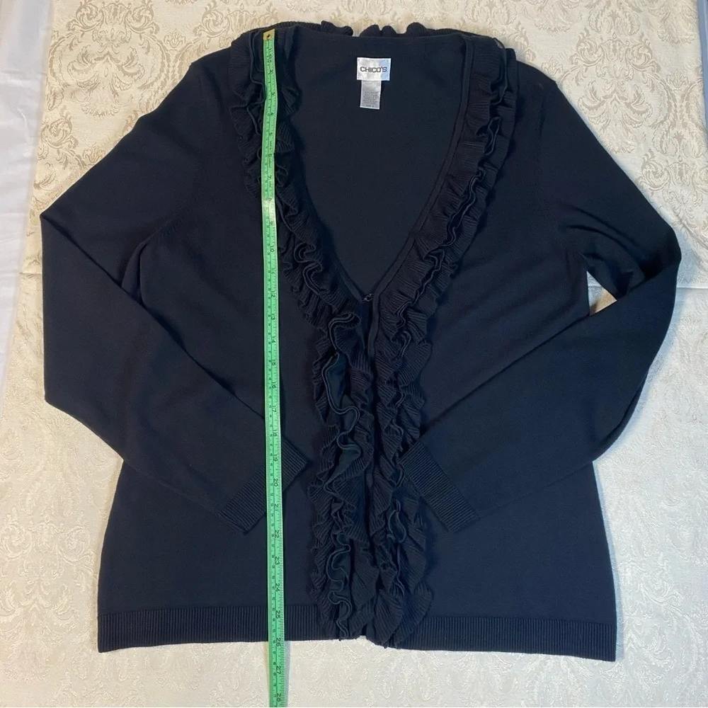 Chico’s Ruffled Black Dressy Cardigan Sweater Size 2 V-Neck Very Soft